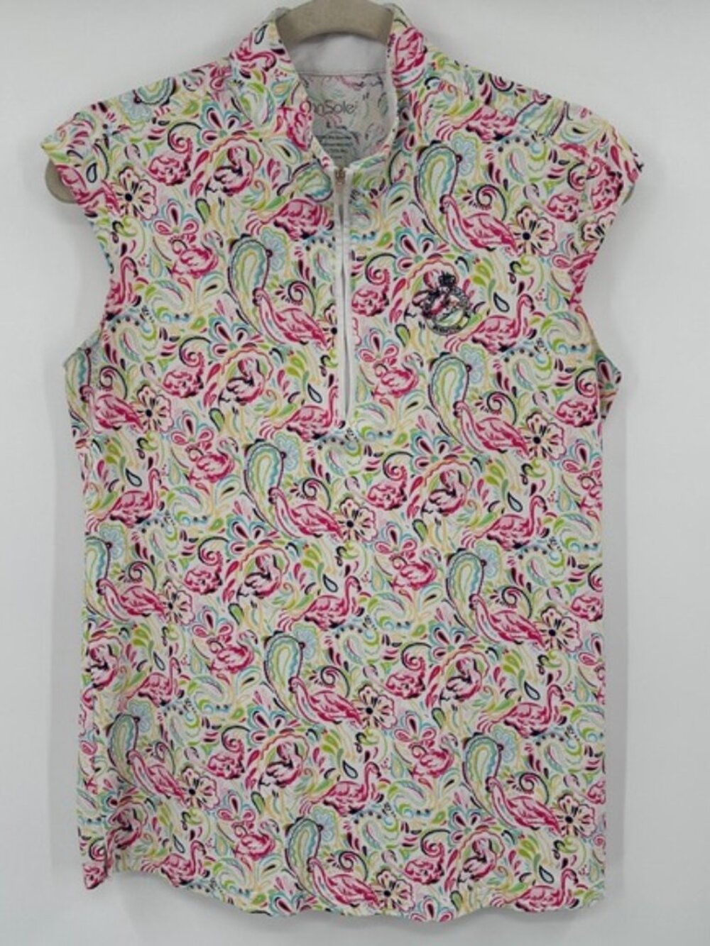 Sun Soleil Womens Sleeveless Golf‎ Polo Shirt Flamingo Paisley Cooling Size L